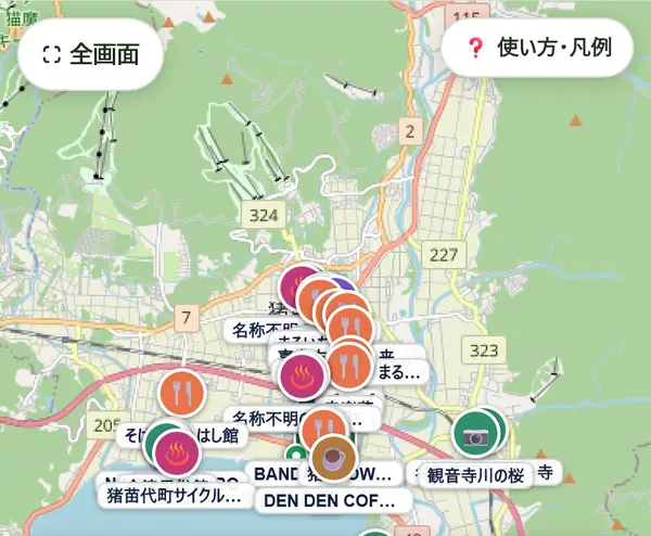 道の駅の周辺の食べる・観光・温泉のスポットが地図に表示された実際の画面